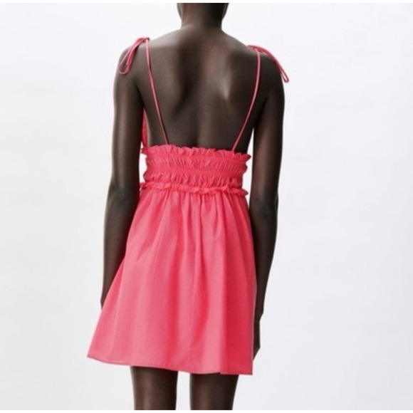 Zara NWT Hot Pink Mini Babydoll Sundress Ruffle Trim Spaghetti Tie Strap Sz M - Picture 16 of 16